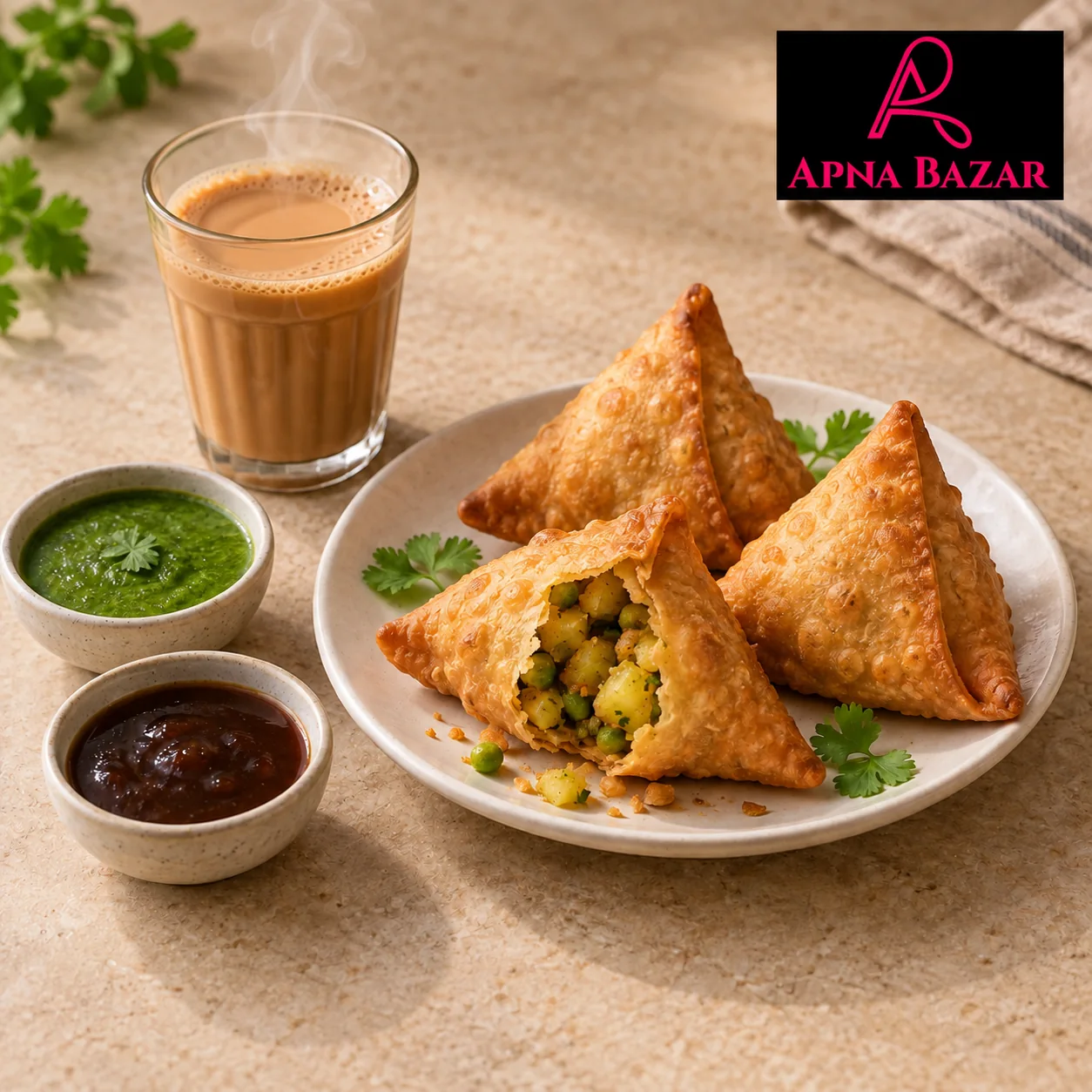 Fresh masala tea, golden samosas and chutneys with the Apna Bazar logo