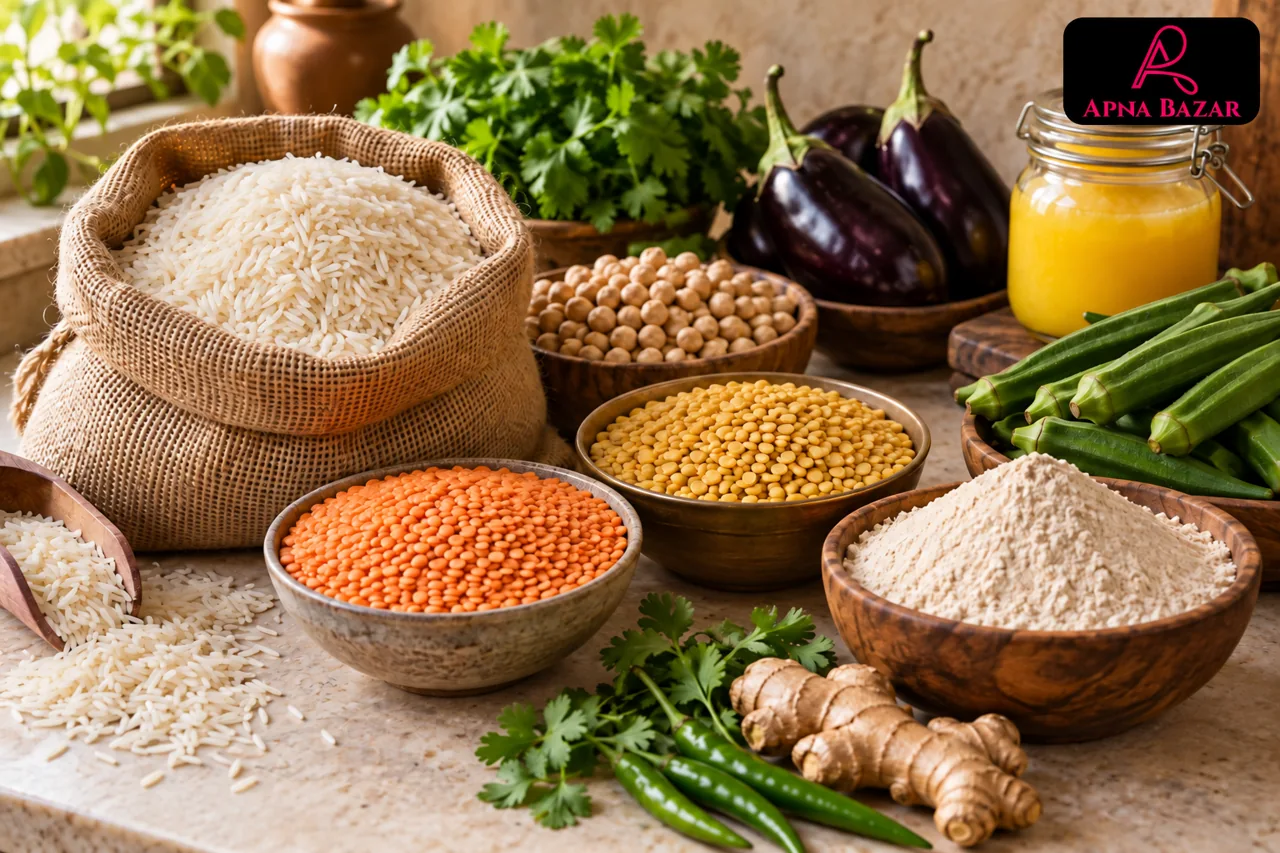 Basmati rice, lentils, atta and fresh Indian vegetables